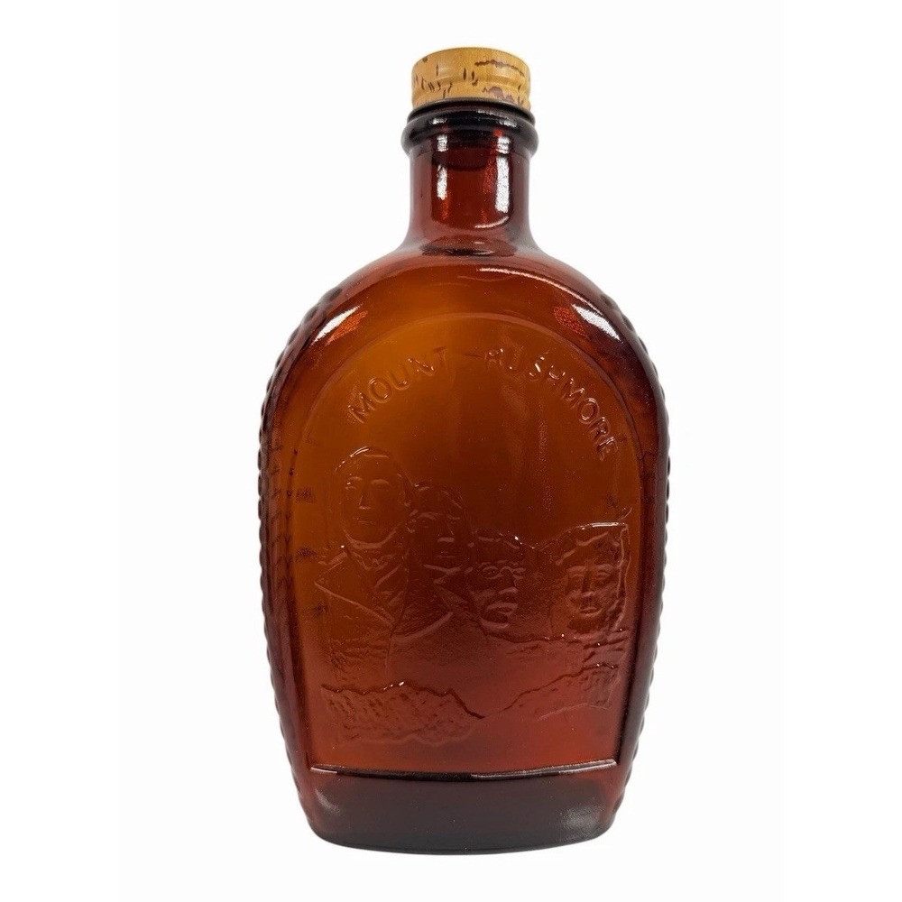1776 Vintage Bicentennial Amber Glass Mount Rushmore Log Cabin MapleSyrup Bottle